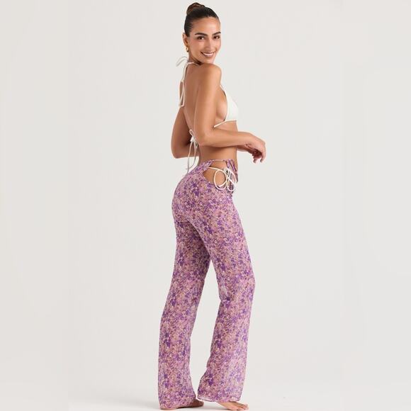 HOUSE OF CB Keala Purple Floral Sheer Side Peek-a-boo Cut Out Tie Cover Up Pants - Picture 13 of 14